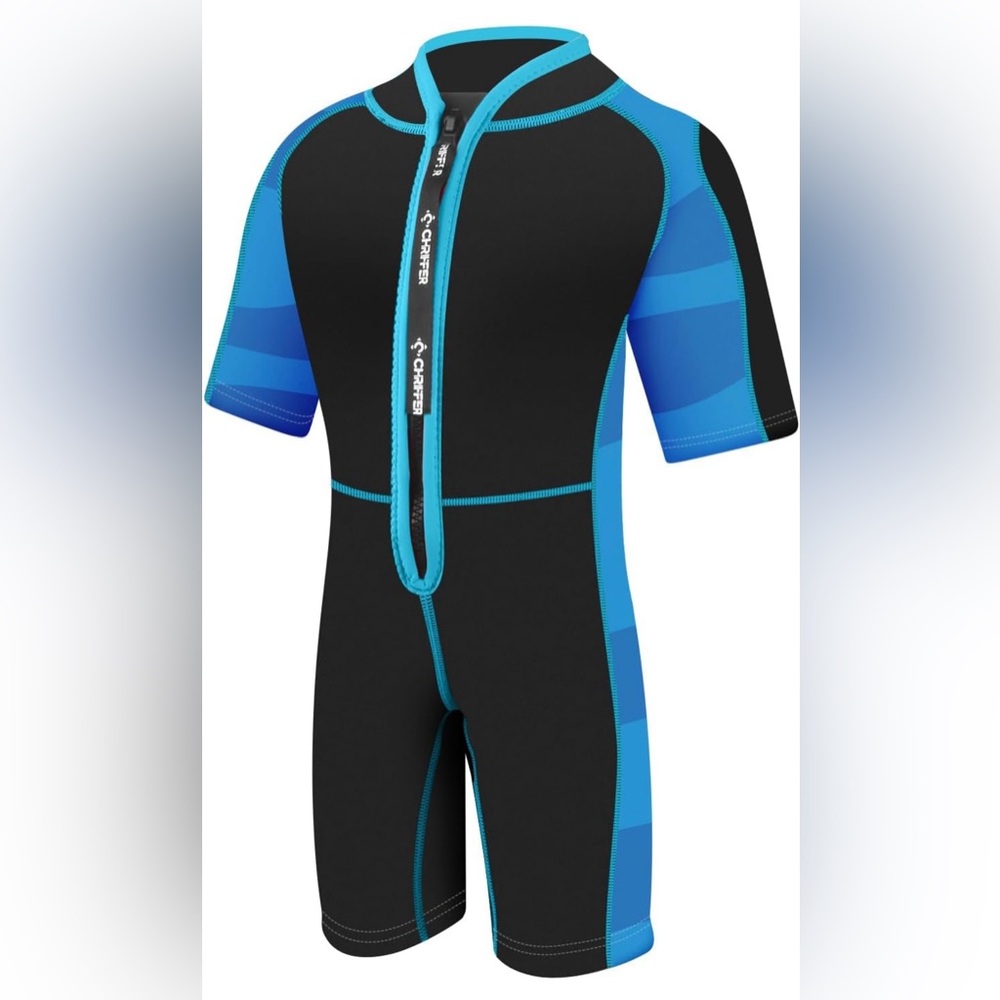 Chriffer Kids Large Shorty Wetsuit‎ Blue Black Front Zip Swim Surf NIP